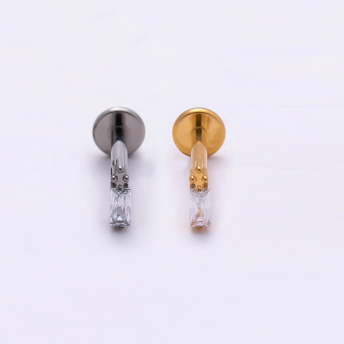Stainless Steel 5mm Baguette CZ Single Cartilage Piercing Flat Back Stud in Gold & Silver | Findings-00198 Findings-00199
