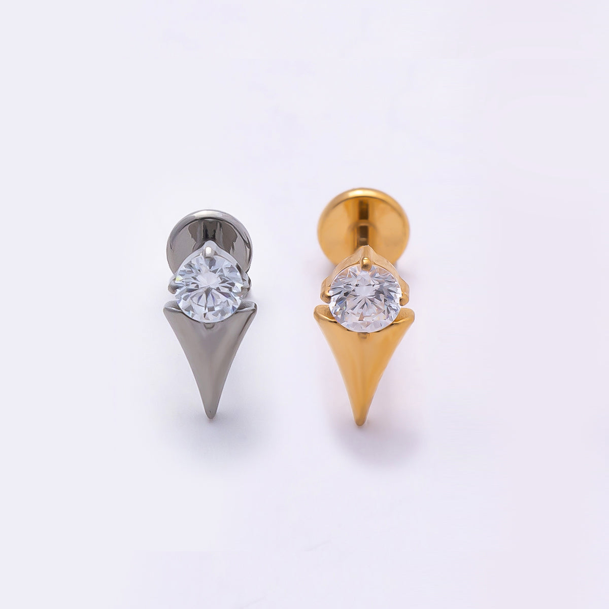 Stainless Steel 8mm Clear CZ Round Spiked Single Cartilage Piercing Flat Back Stud | Findings-00226 Findings-00227