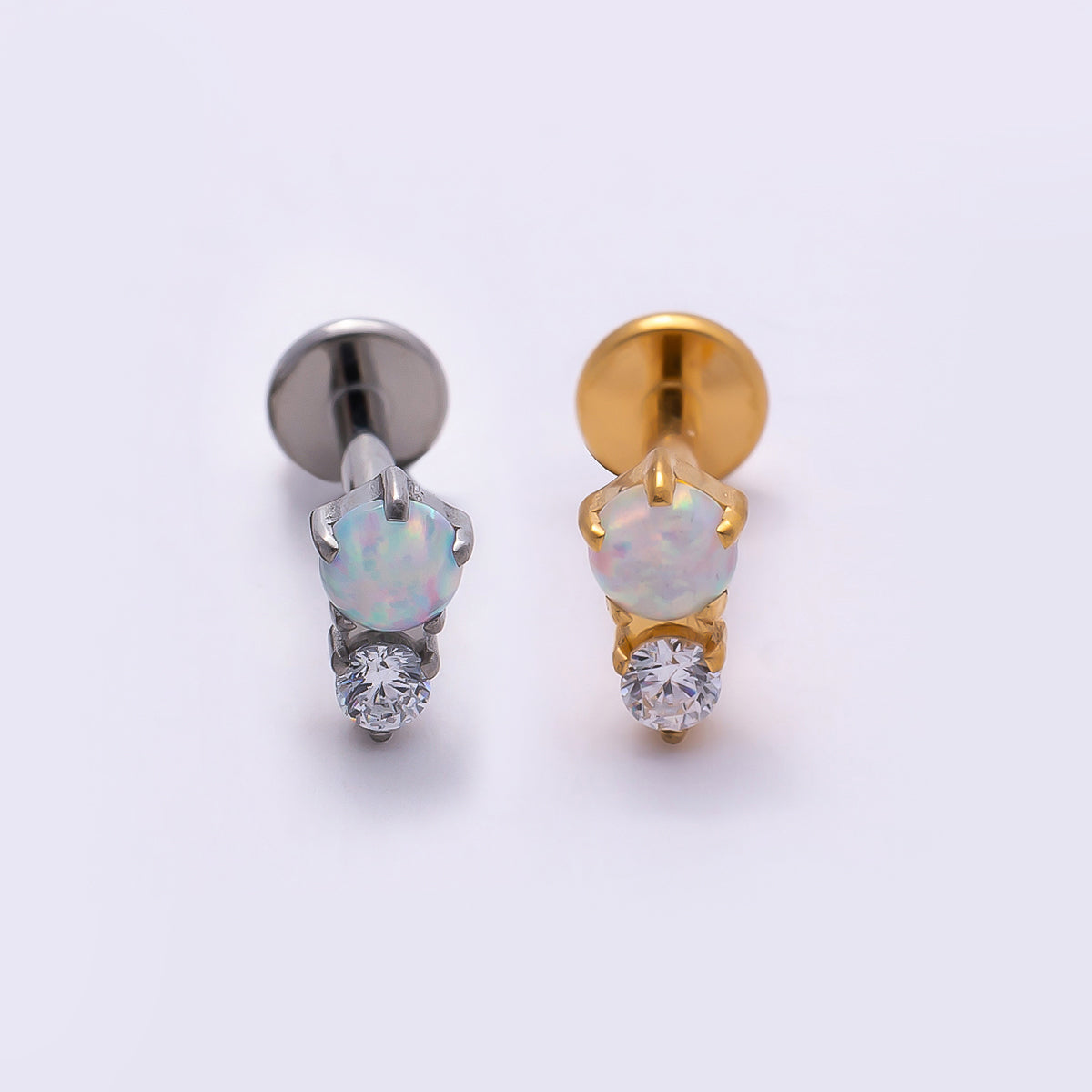 Stainless Steel 6mm White Opal Clear CZ Single Cartilage Piercing Flat Back Stud in Gold & Silver | Findings-00232 Findings-00233