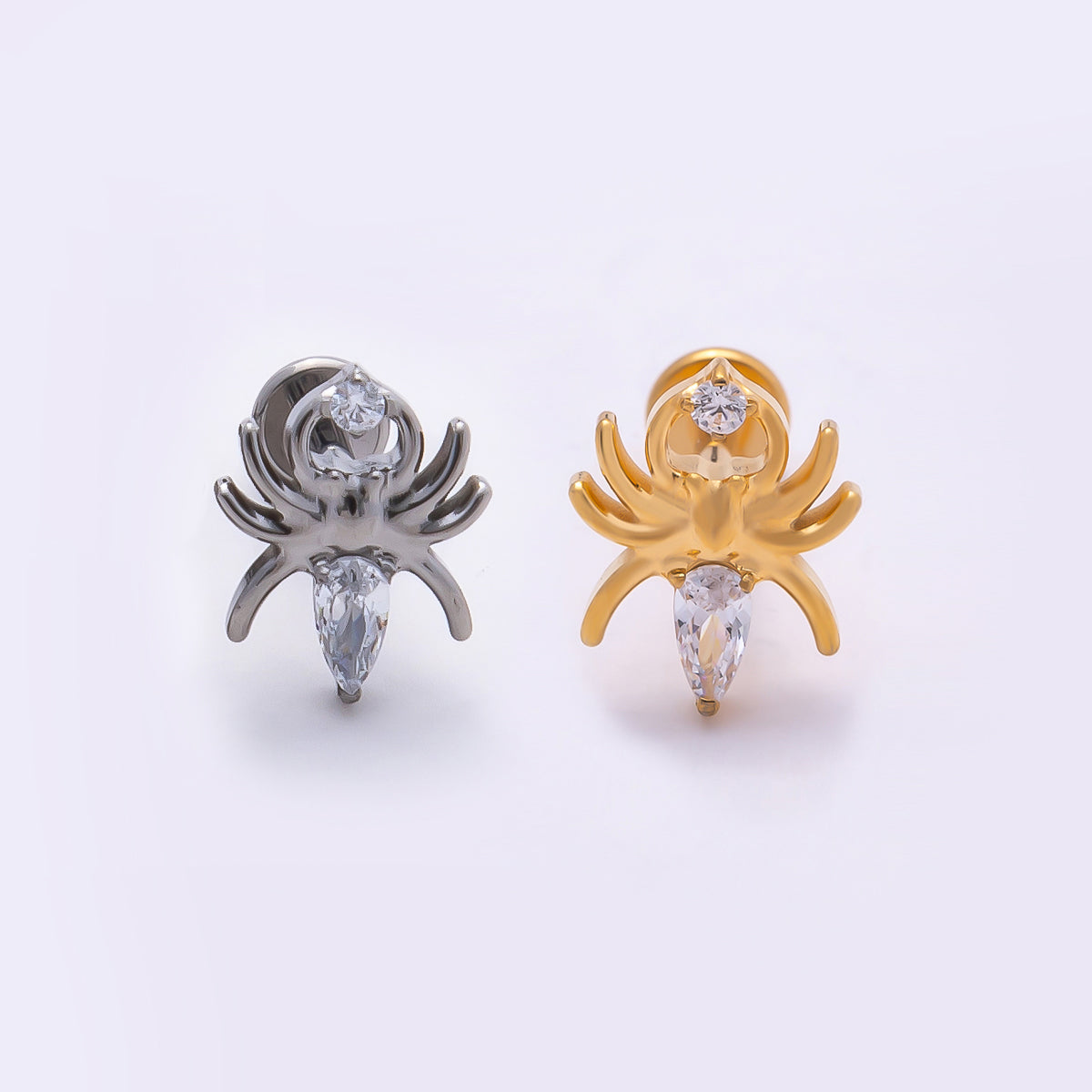 Titanium 9mm Clear Marquise CZ Spider Cartilage Piercing Flat Back Stud in Gold & Silver | Findings-00355 Findings-00356
