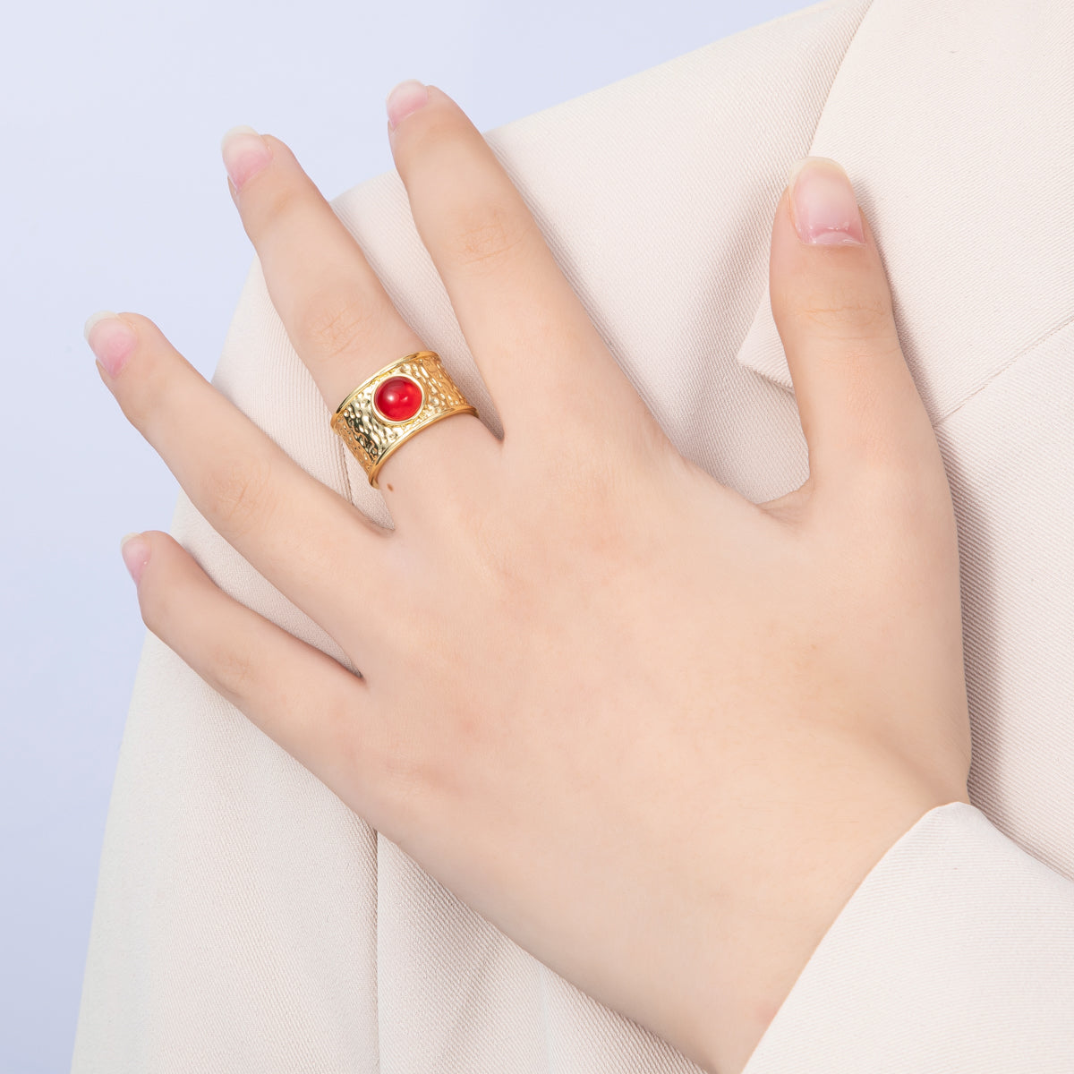 16K Gold Filled Red, Green Cabochon Gemstone Hammered Wide Band Ring | Rings-00023 Rings-00024