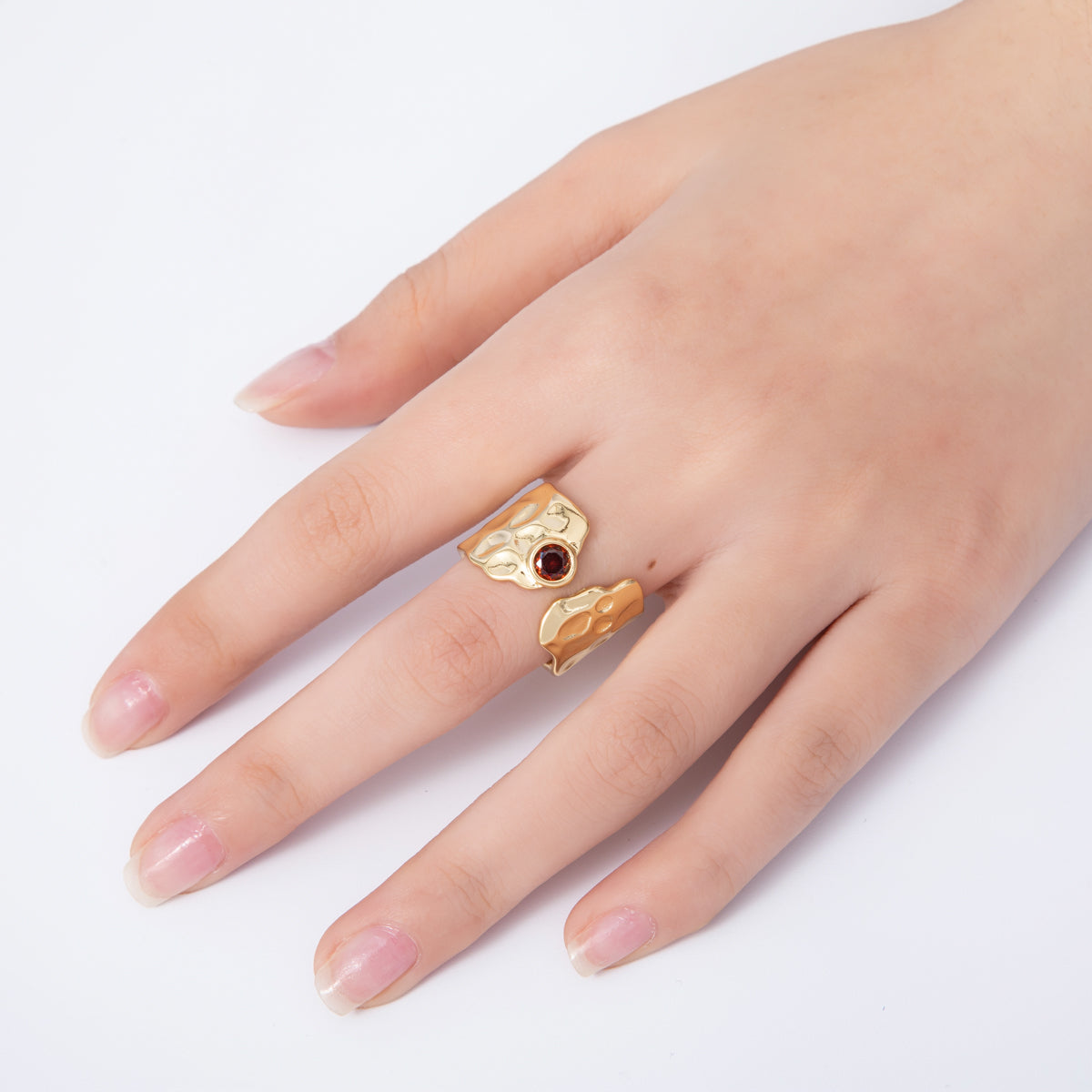 16K Gold Filled Red CZ Hammered Wide Wrap Ring | Rings-00034