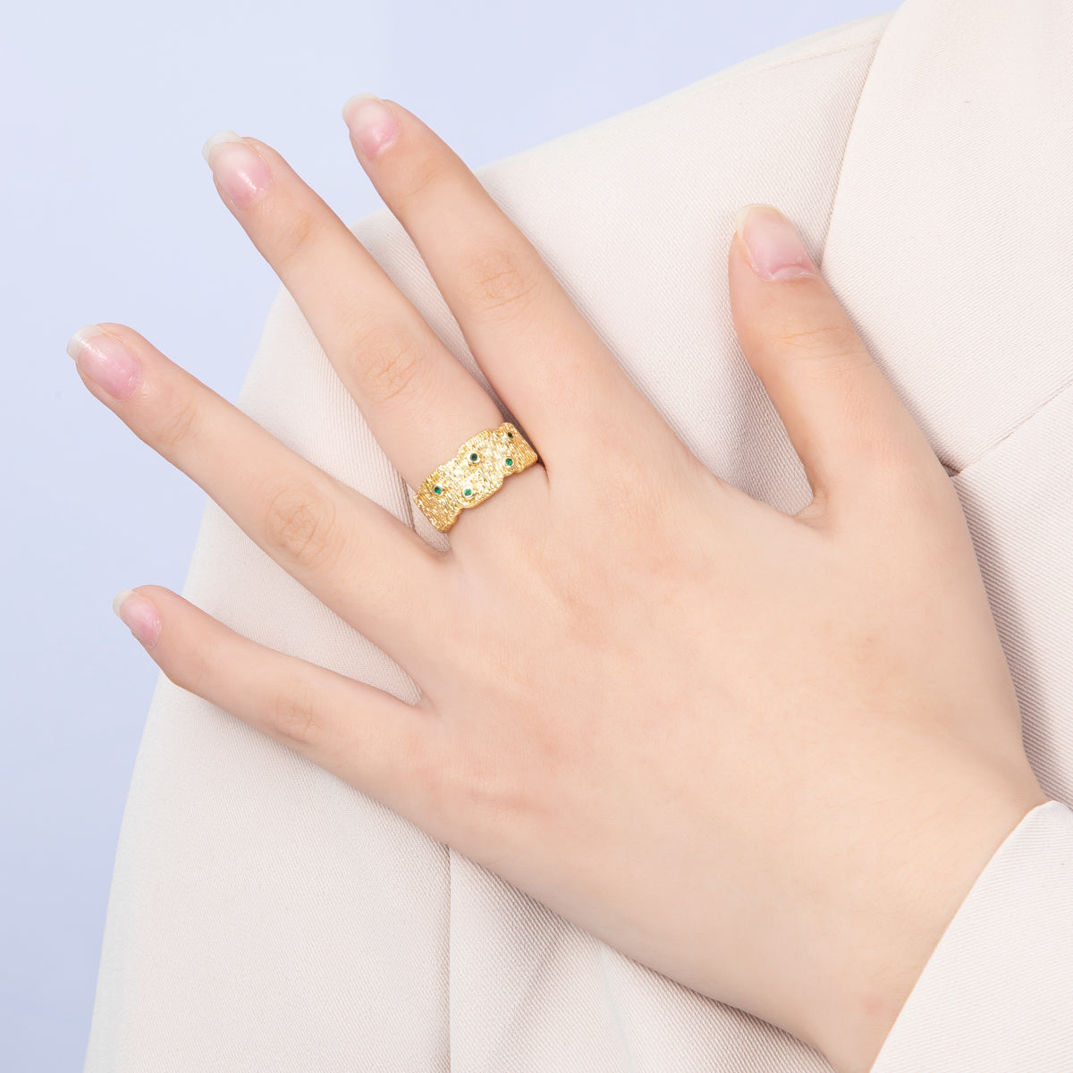 16K Gold Filled Green CZ Dotted Textured Ribbed Wide Band Ring | Rings-00032