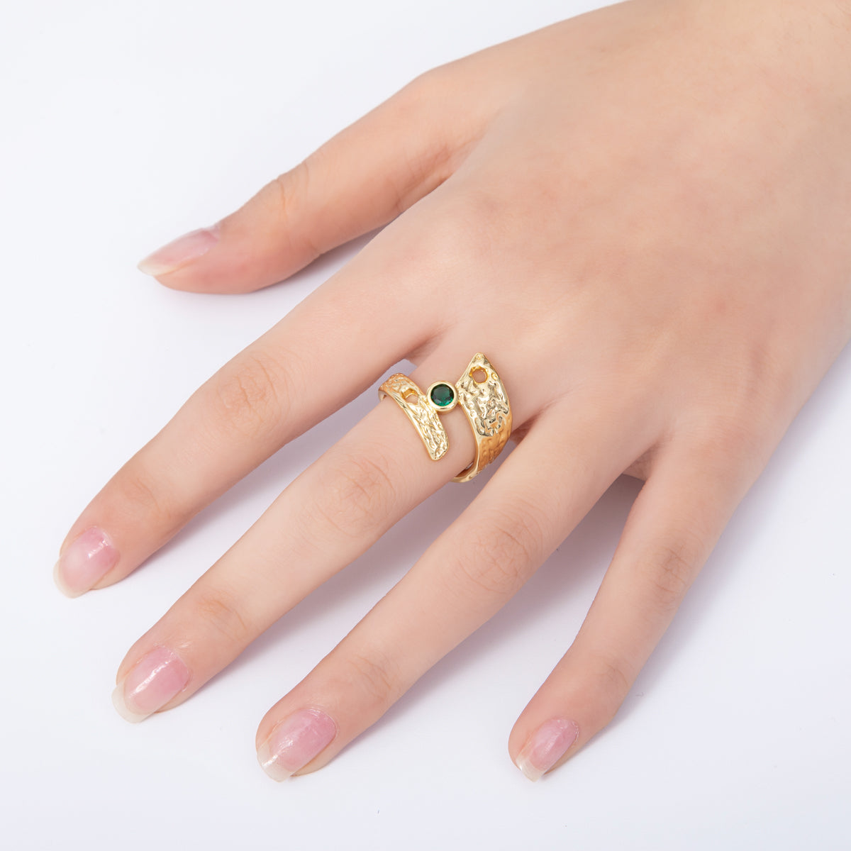 16K Gold Filled Green CZ Geometric Hammered Ring | Rings-00027