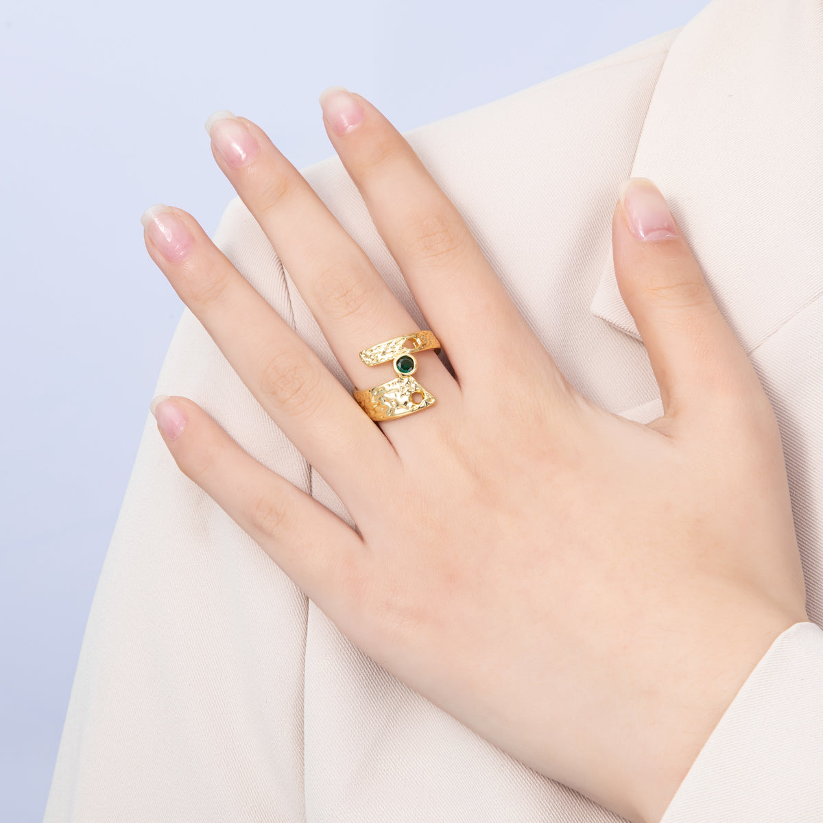 16K Gold Filled Green CZ Geometric Hammered Ring | Rings-00027