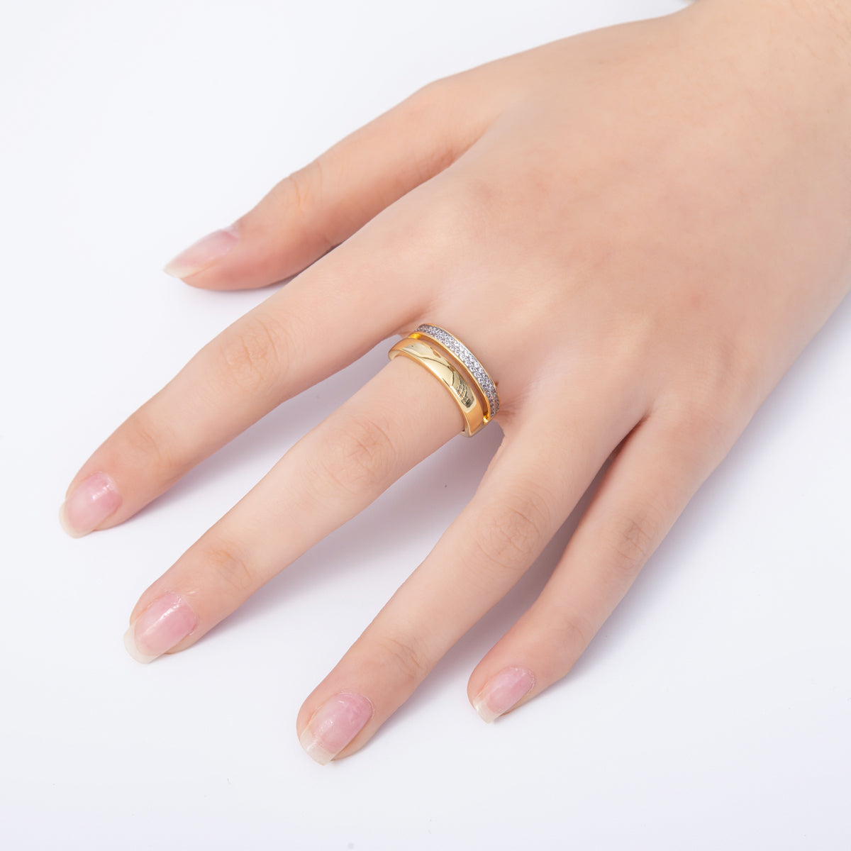 18K Gold Filled Mixed Metal Micro Paved CZ Double Band Ring | Rings-00020