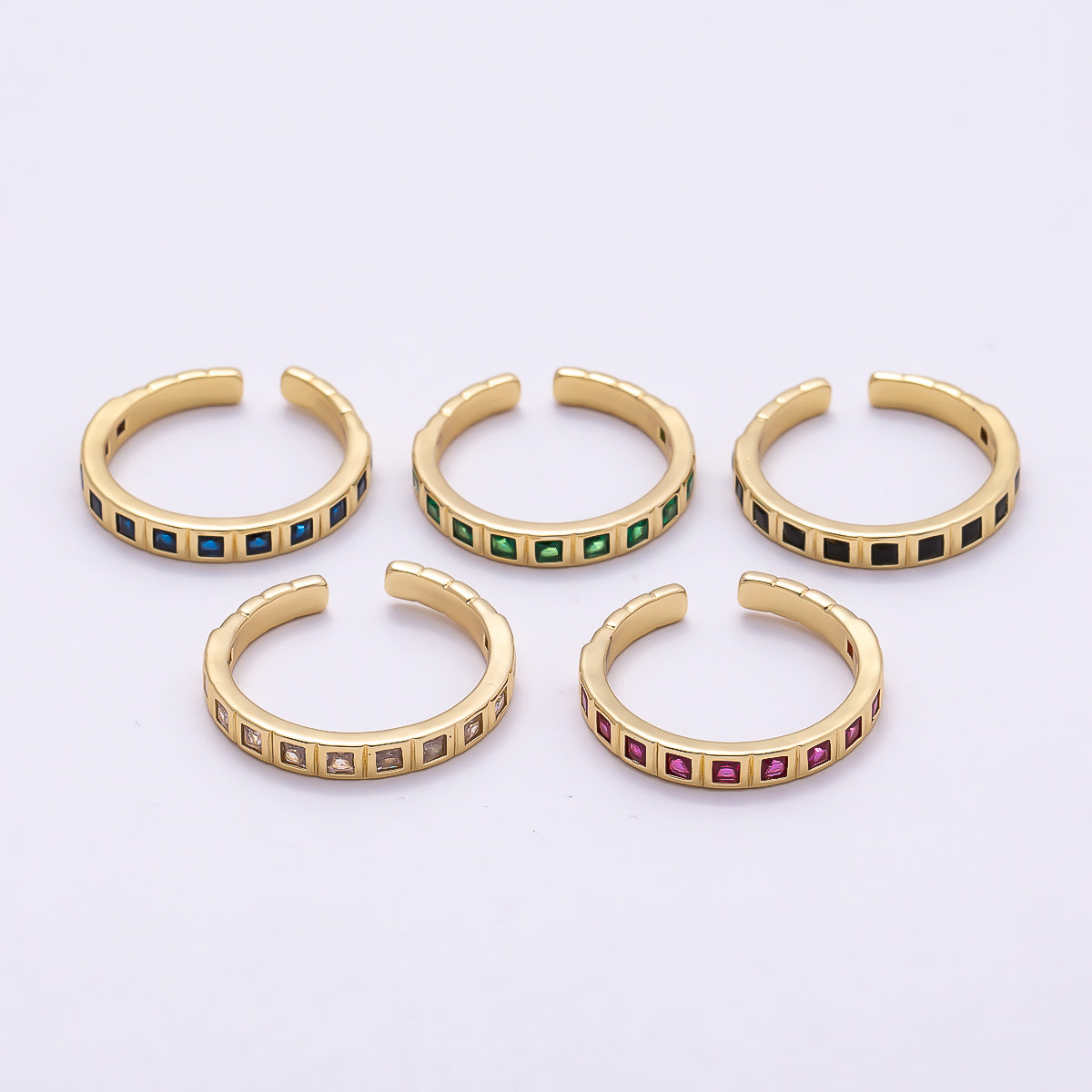 16K Gold Filled Black, Clear, Blue, Green, Fuchsia Baguette-Lined Ring | Rings-00125 ~ Rings-00129