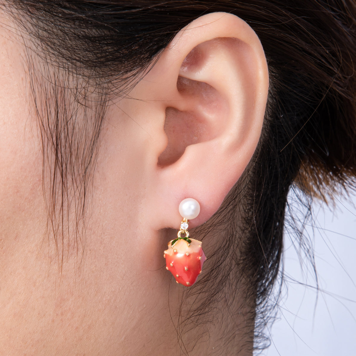 14K Gold Filled 24.5mm Strawberry Enamel Shell Pearl Drop Stud Earrings | EARRINGS-00014