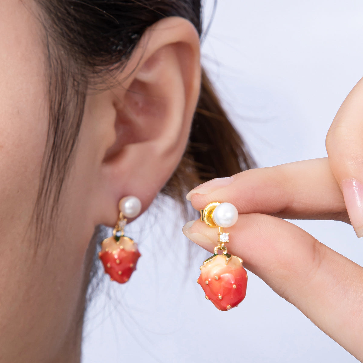14K Gold Filled 24.5mm Strawberry Enamel Shell Pearl Drop Stud Earrings | EARRINGS-00014