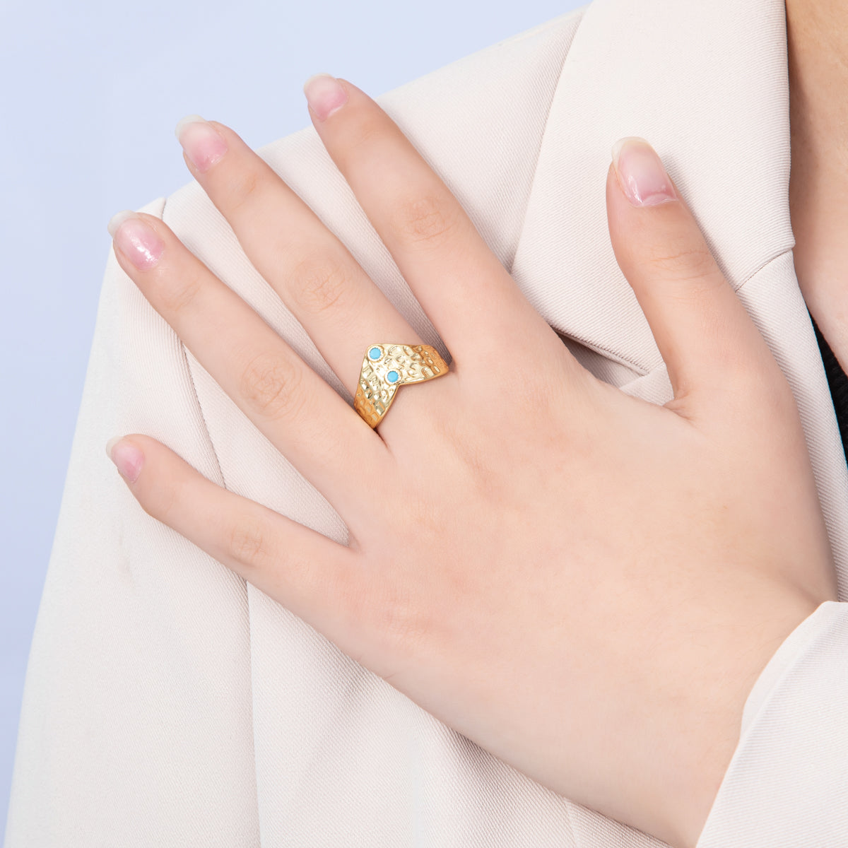 16K Gold Filled Turquoise Dotted Hammered Chevron Ring | Rings-00029