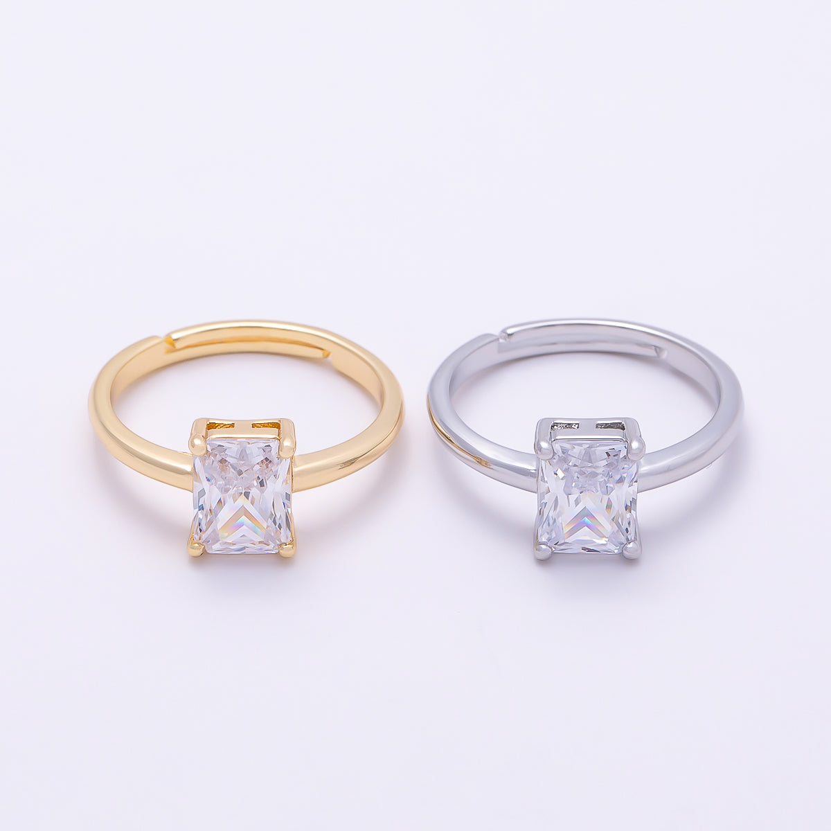 16K Gold Filled Baguette CZ Solitaire Adjustable Ring in Gold & Silver | Rings-00118 Rings-00119