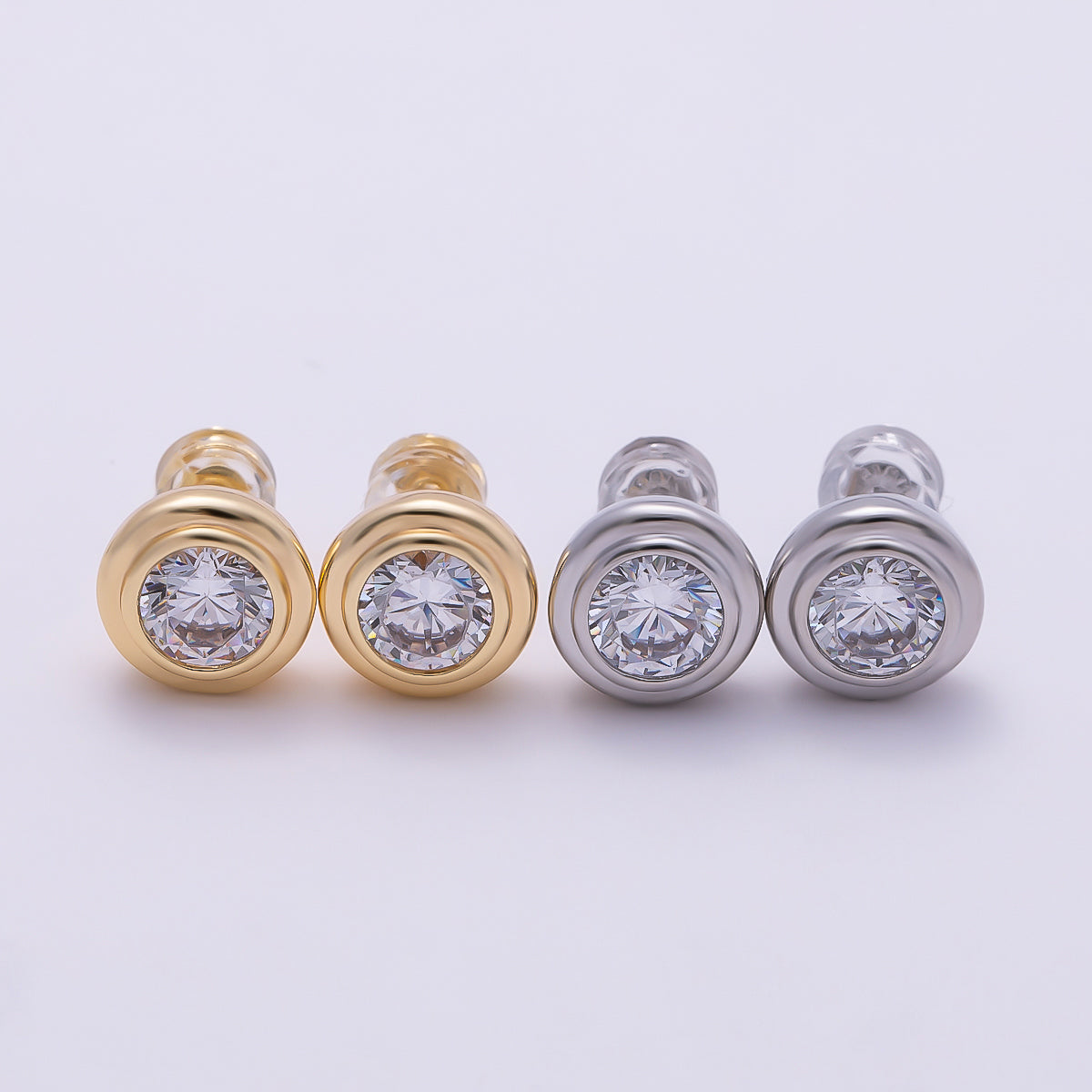 16K Gold Filled 9mm Clear CZ Round Bezel Stud Earrings in Gold & Silver | Earrings-00425 Earrings-00426