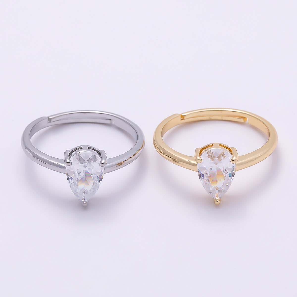 16K Gold Filled Teardrop CZ Solitaire Adjustable Ring in Gold & Silver | Rings-00136 Rings-00137