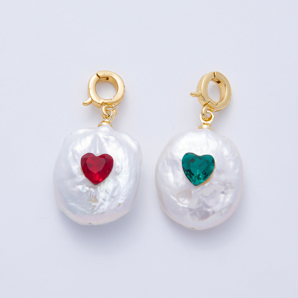 18K Gold Filled Green, Red Heart CZ Shell Pearl Snap Latch Pendant | AF640