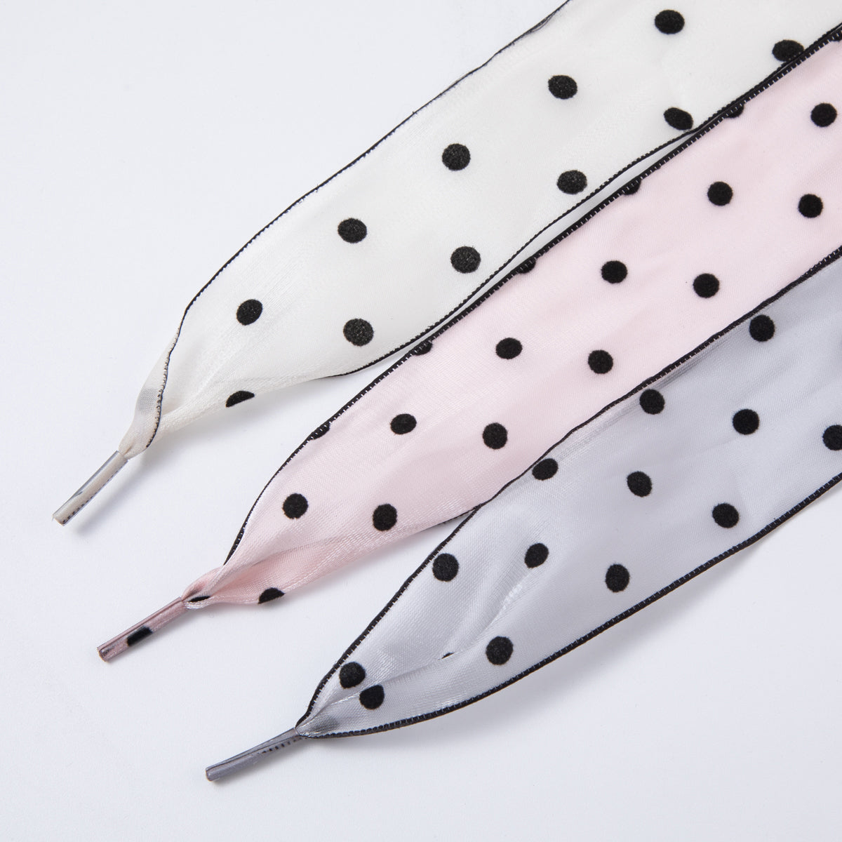 White, Pink, Black Retro Polka Dotted Sheer Chiffon Fabric Ribbon Shoelaces | WB00309 - WB00311