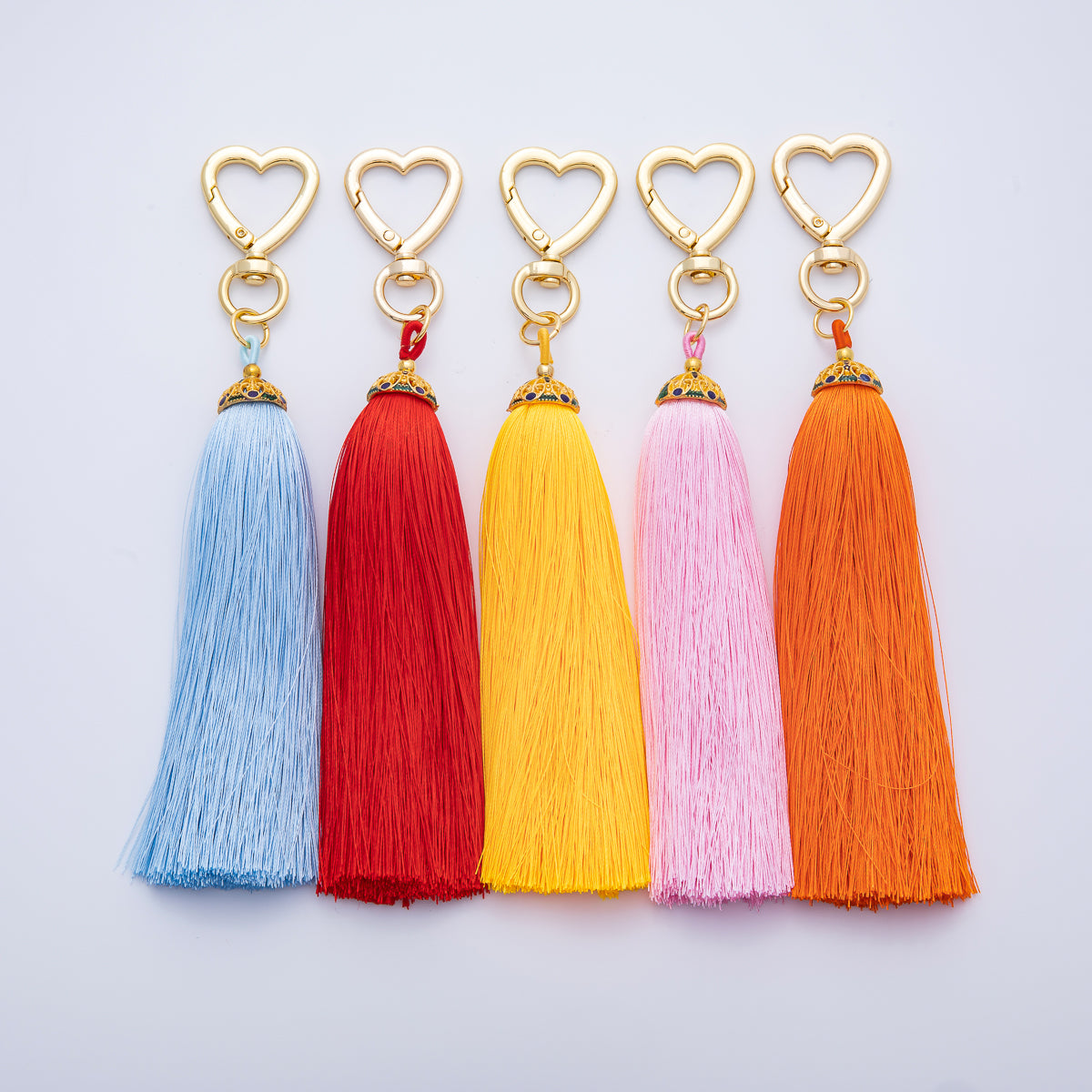 18K Gold Filled Blue, Red, Yellow, Pink, Orange Tassel Heart Push Gate Keychain Fringe Accessories | WB-00281 ~ WB-00285