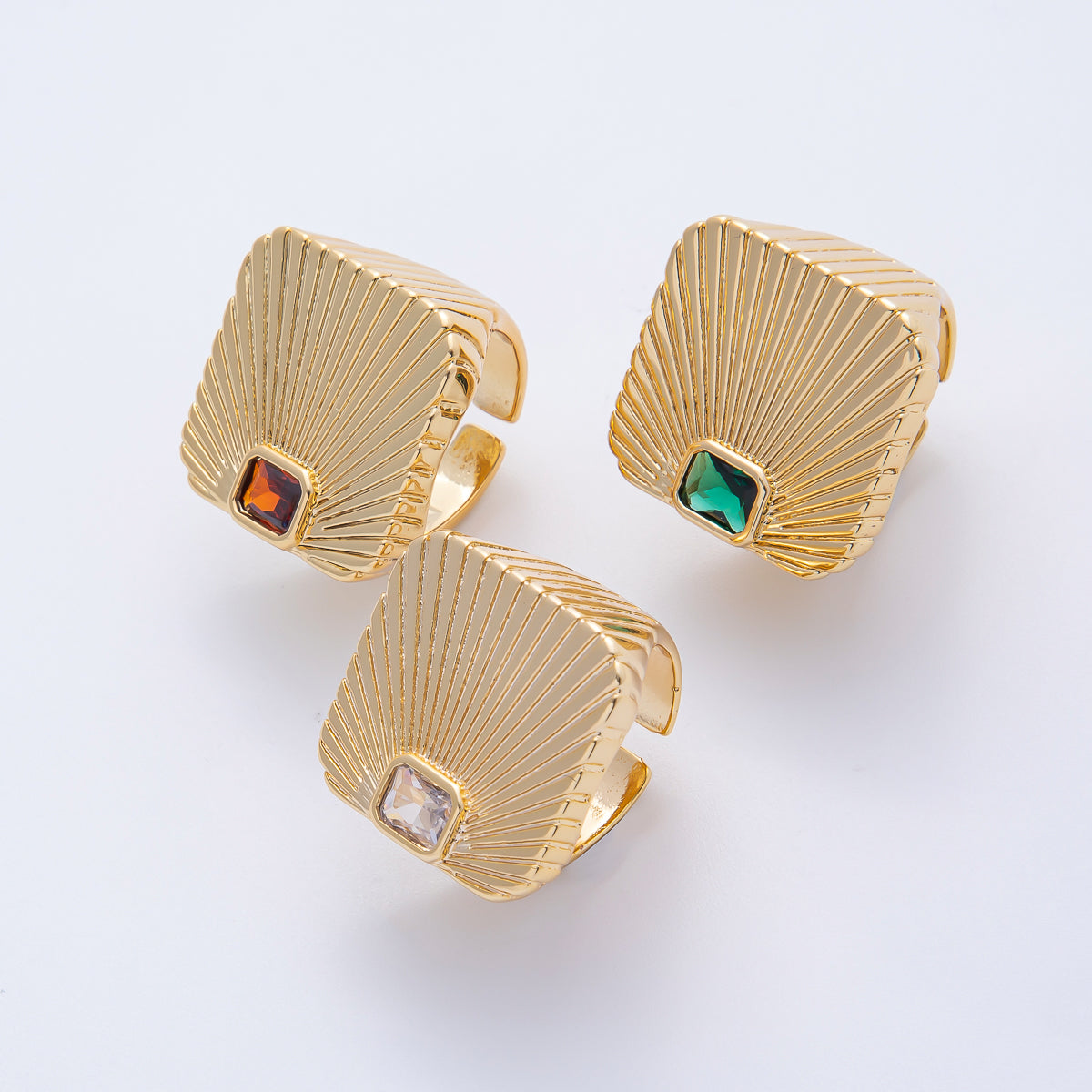 18K Gold Filled Green, Red, Clear Fuchsia Baguette CZ Sunburst Ribbed Signet Ring | O801 O802