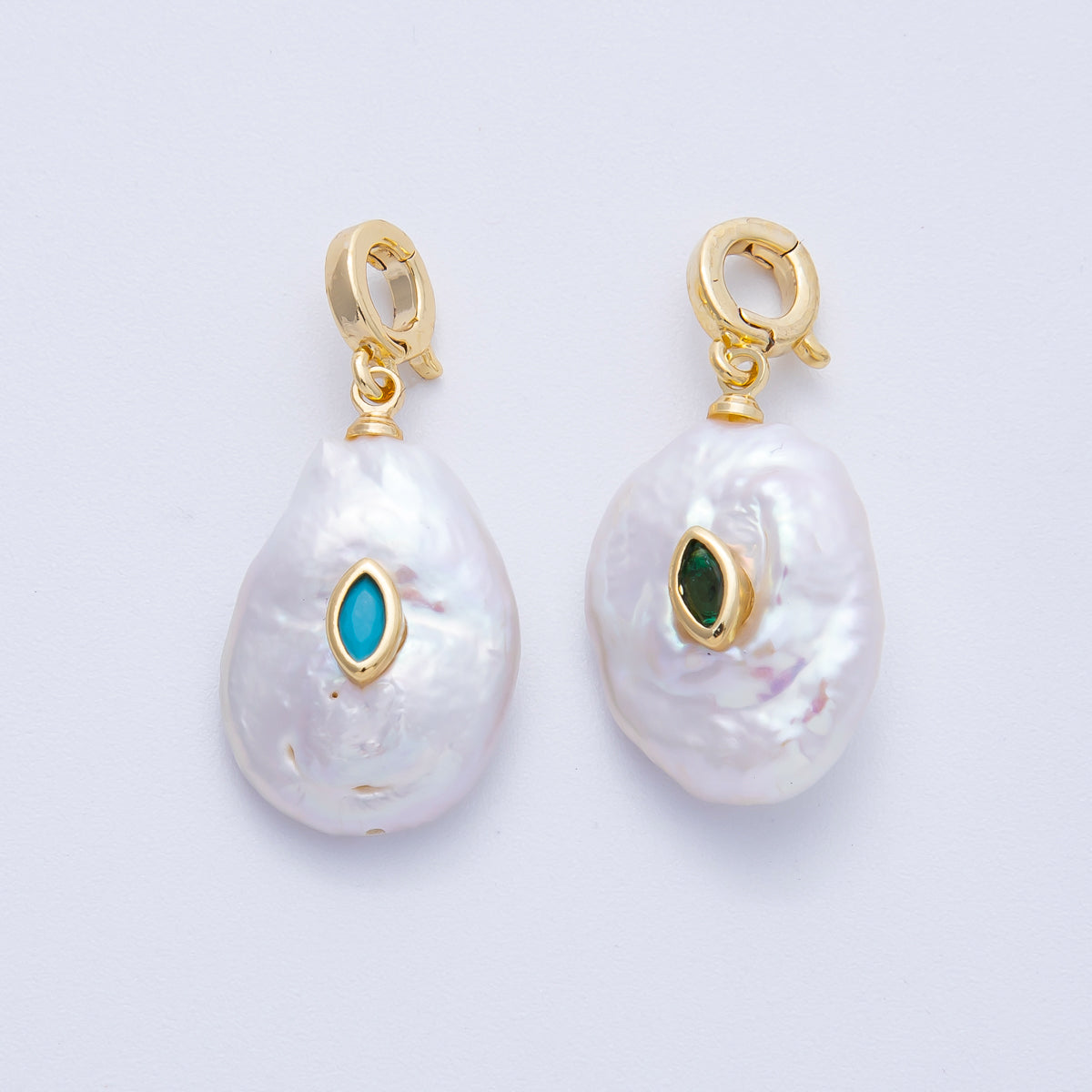 18K Gold Filled 24mm Turquoise, Green CZ Marquise Freshwater Pearl Snap Latch Pendant | AF641