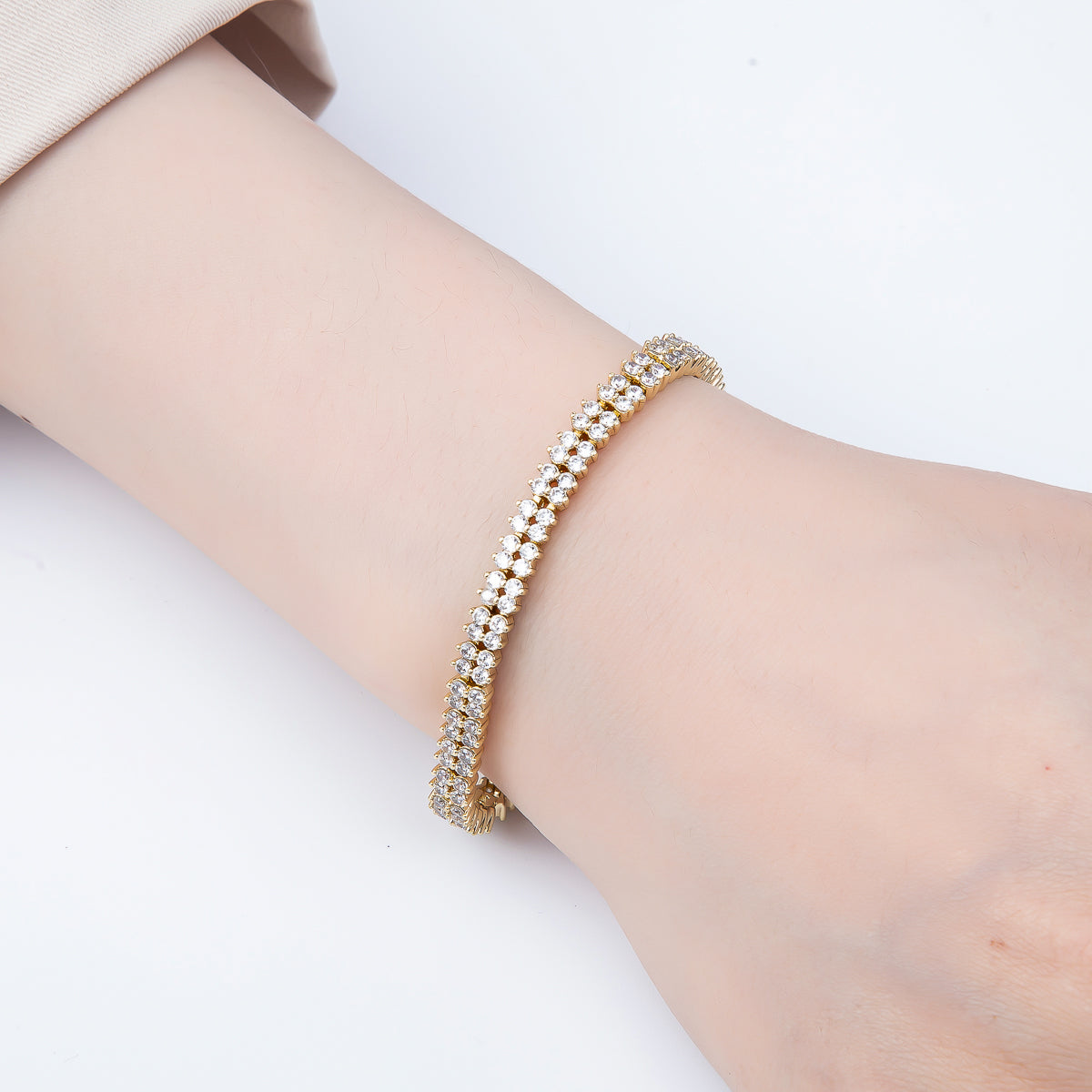 14K Gold Filled 5mm Clear CZ Double Row Clover Tennis Chain 7 Inch Adjustable Bracelet | WA-04631