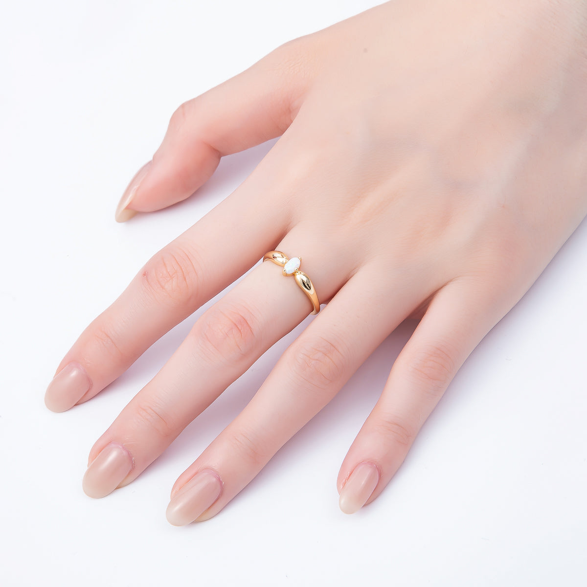 16K Gold Filled White Opal CZ Navette Solitaire Adjustable Ring | Rings-00138