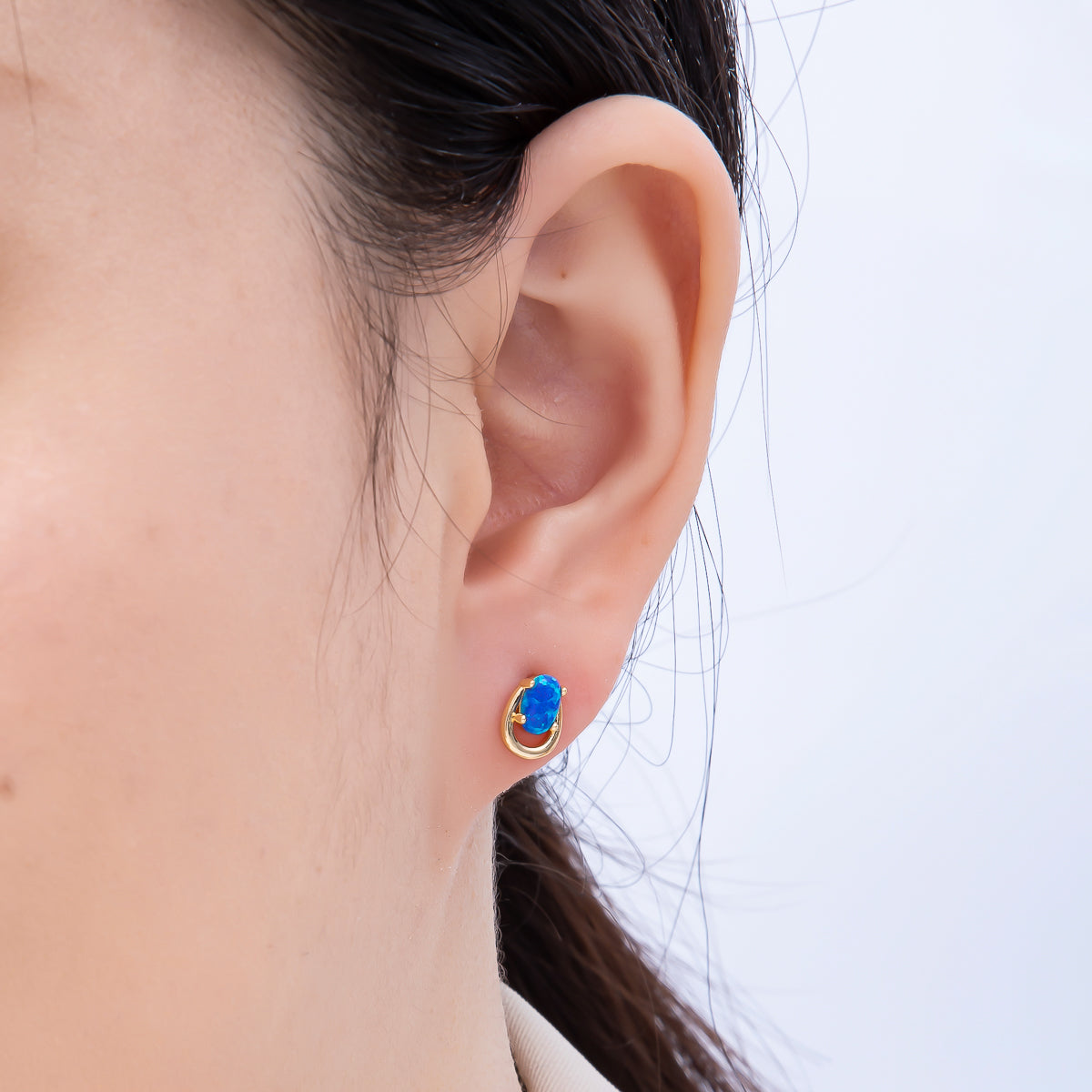 16K Gold Filled 14mm White, Blue Opal Gemstone Open Bezel Stud Earrings | Earrings-00460 Earrings-00461