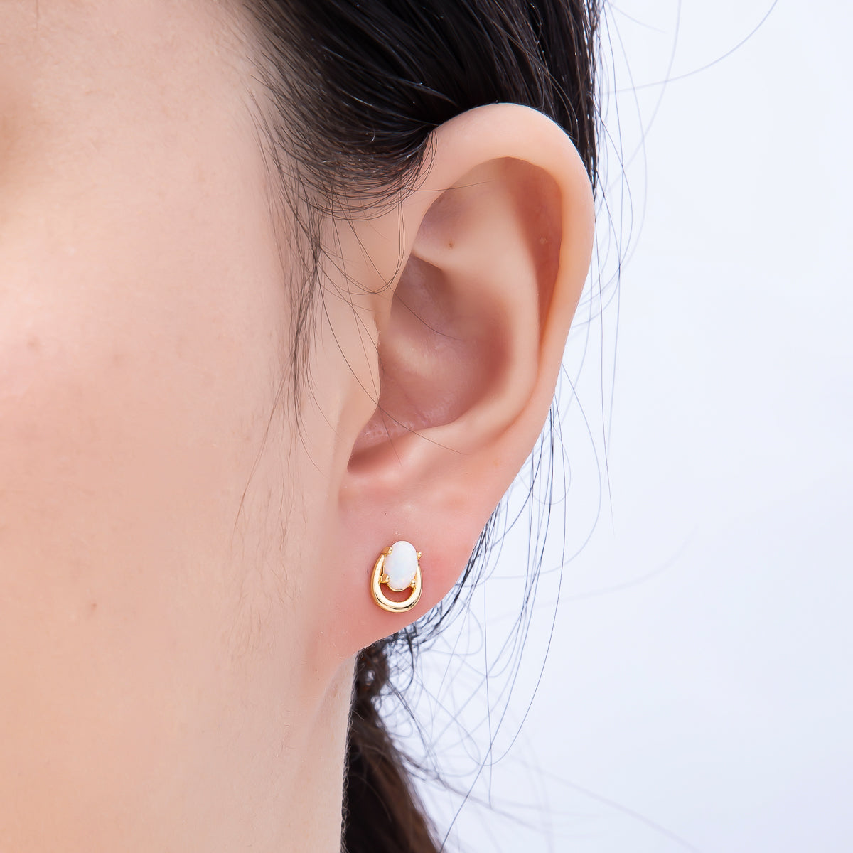 16K Gold Filled 14mm White, Blue Opal Gemstone Open Bezel Stud Earrings | Earrings-00460 Earrings-00461