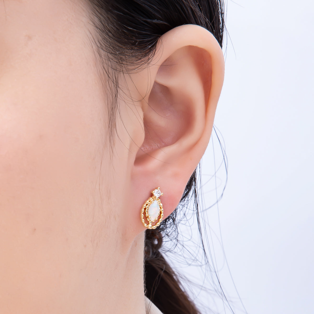 16K Gold Filled 14mm CZ Opal Navette Double Dotted Geometric Stud Earrings | Earrings-00459