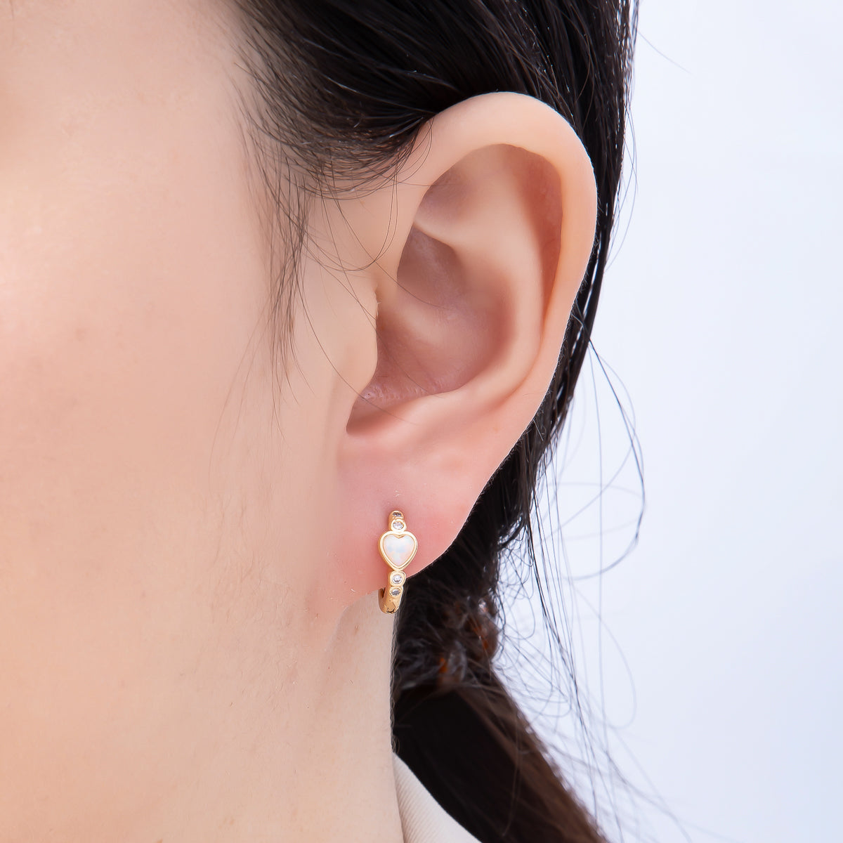 16K Gold Filled 15mm White Opal Clear CZ Dotted Heart Cartilage Huggie Earrings | Earrings-00427