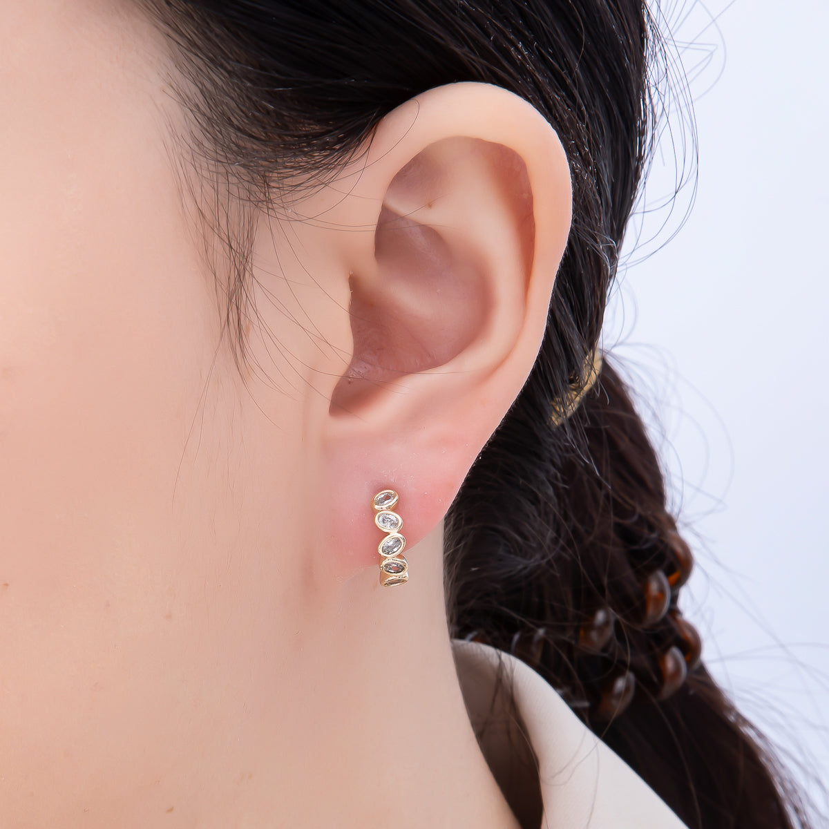 16K Gold Filled 14mm Clear Oval CZ Bezel Cartilage Huggie Earrings | Earrings-00441