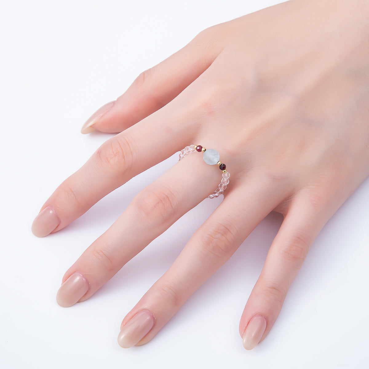 16K Gold Filled Natural Gemstone Round Beaded Elastic Stretch Ring | Rings-00096 ~ Rings-00107