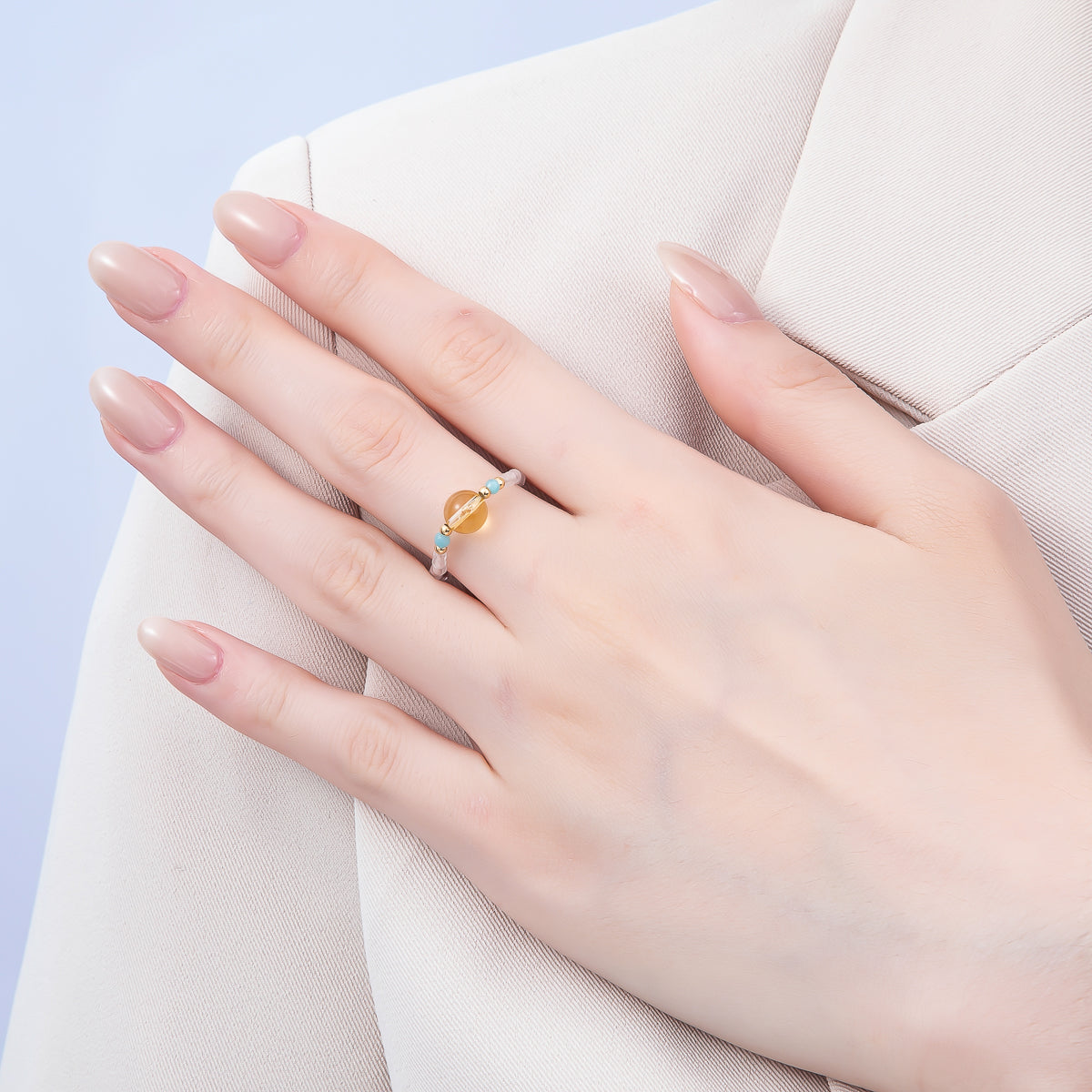 16K Gold Filled Natural Gemstone Round Beaded Elastic Stretch Ring | Rings-00096 ~ Rings-00107