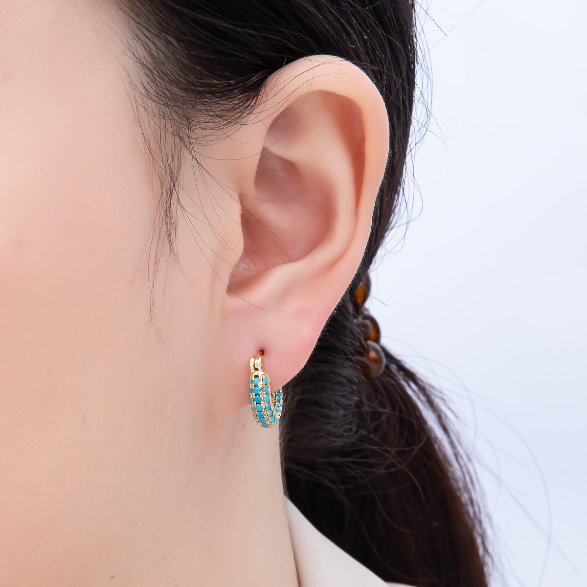 16K Gold Filled 14.5mm Turquoise Micro Paved CZ Chubby Latch Hoop Earrings | Earrings-00380