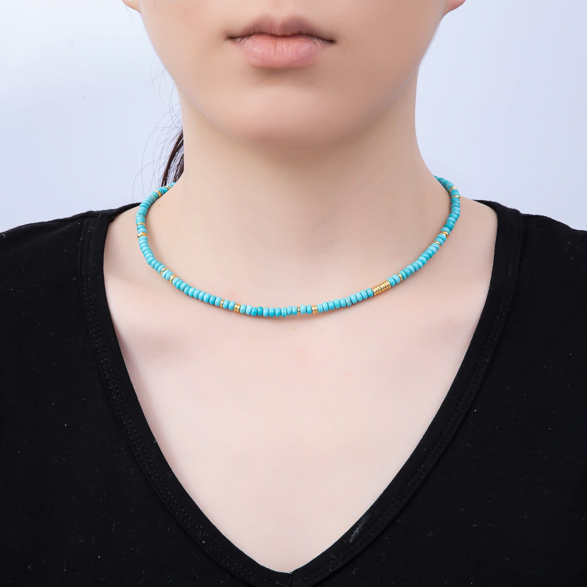 Handmade Stainless Steel 4.5mm Turquoise Rondelle Bead Gemstone Chain 16 Inch Necklace | WA-04655