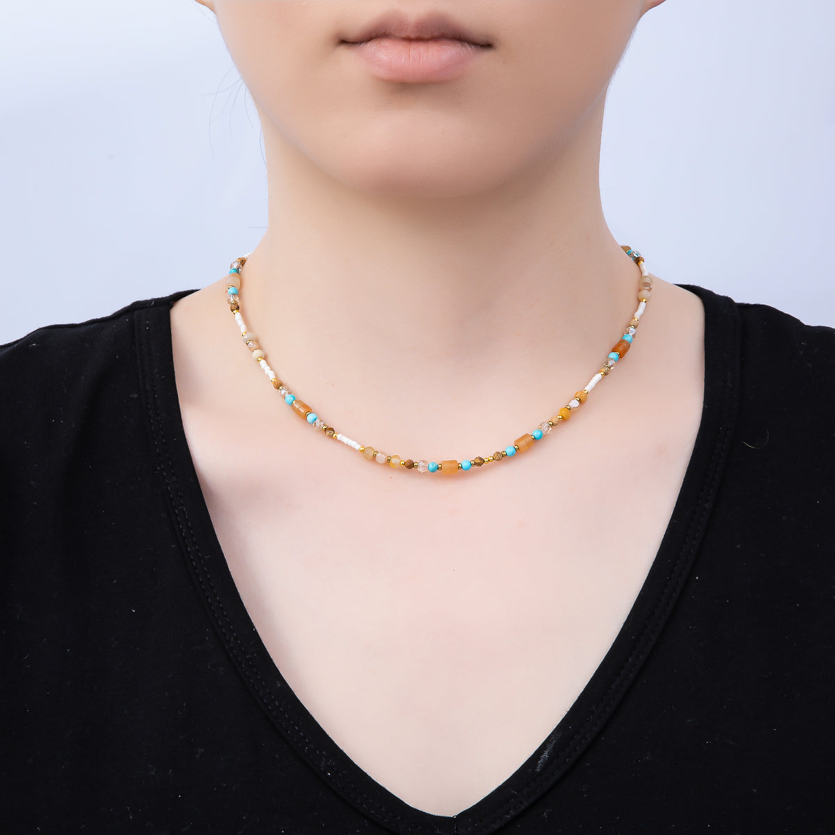 Handmade Stainless Steel 2mm Earth Tone Turquoise Citrine Gemstone Chain 15.5 Inch Necklace | WA-04648