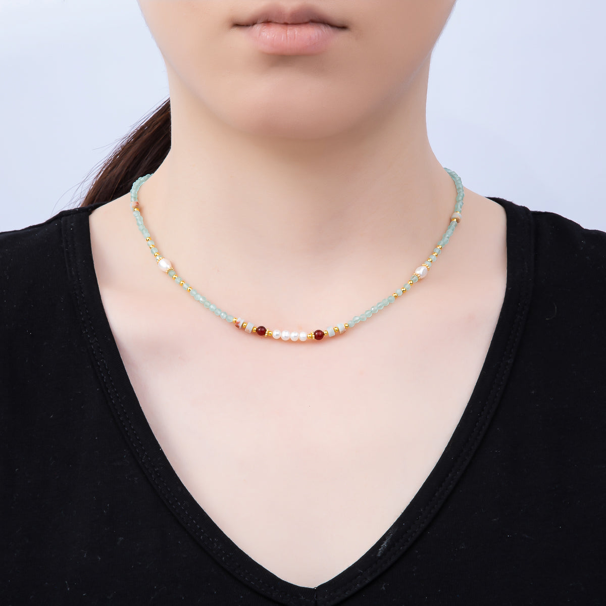 Handmade Stainless Steel 4mm Blue Aquamarine Shell Pearl Gemstone Chain 16 Inch Necklace | WA-04645