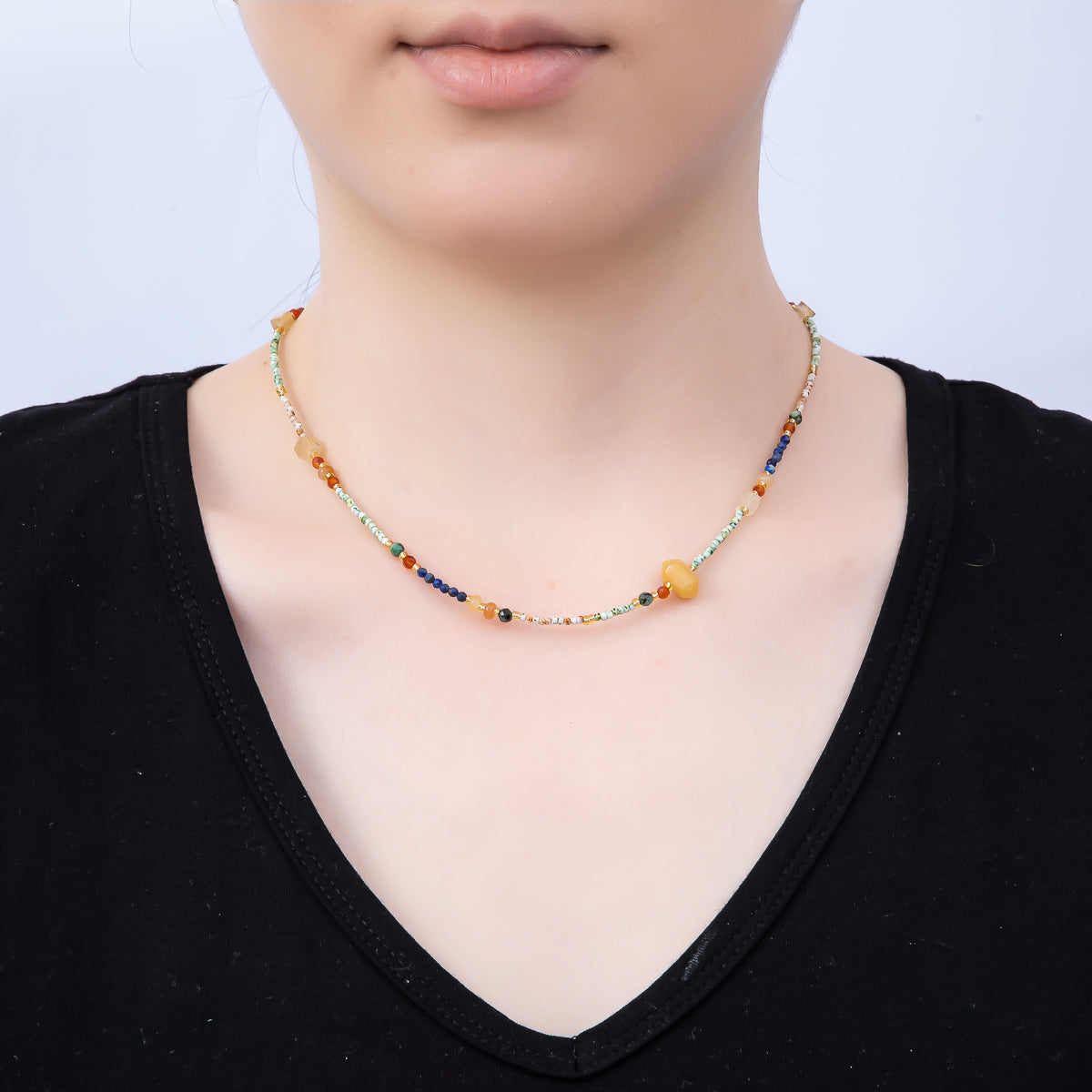 Handmade Stainless Steel 2mm Beach Amazonite Citrine Lapis Lazuli Gemstone Chain 15.5 Inch Necklace | WA-04656