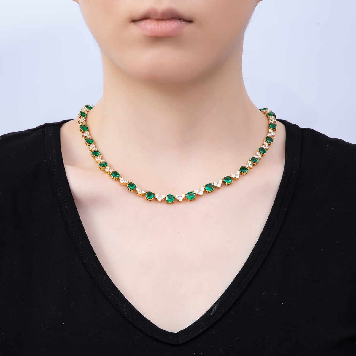 16K Gold Filled 6mm Green Clear Heart Tennis Chain 17 Inch Adjustable Necklace | WA-04679