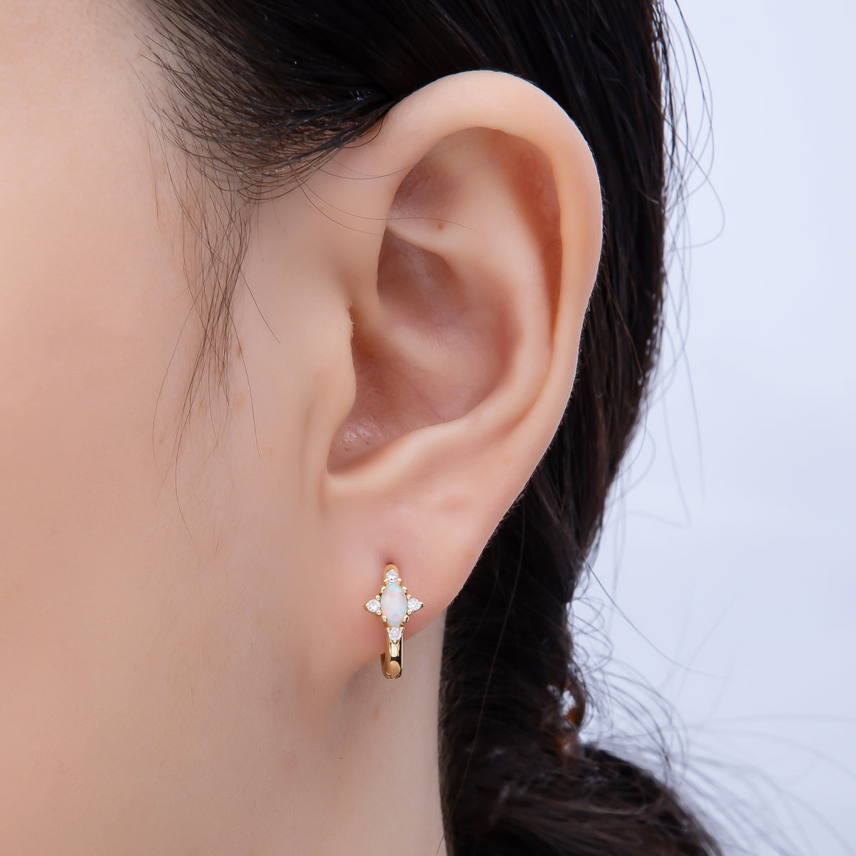 14K Gold Filled 13mm CZ White Opal Cartilage Solitaire Huggie | Earrings-00458