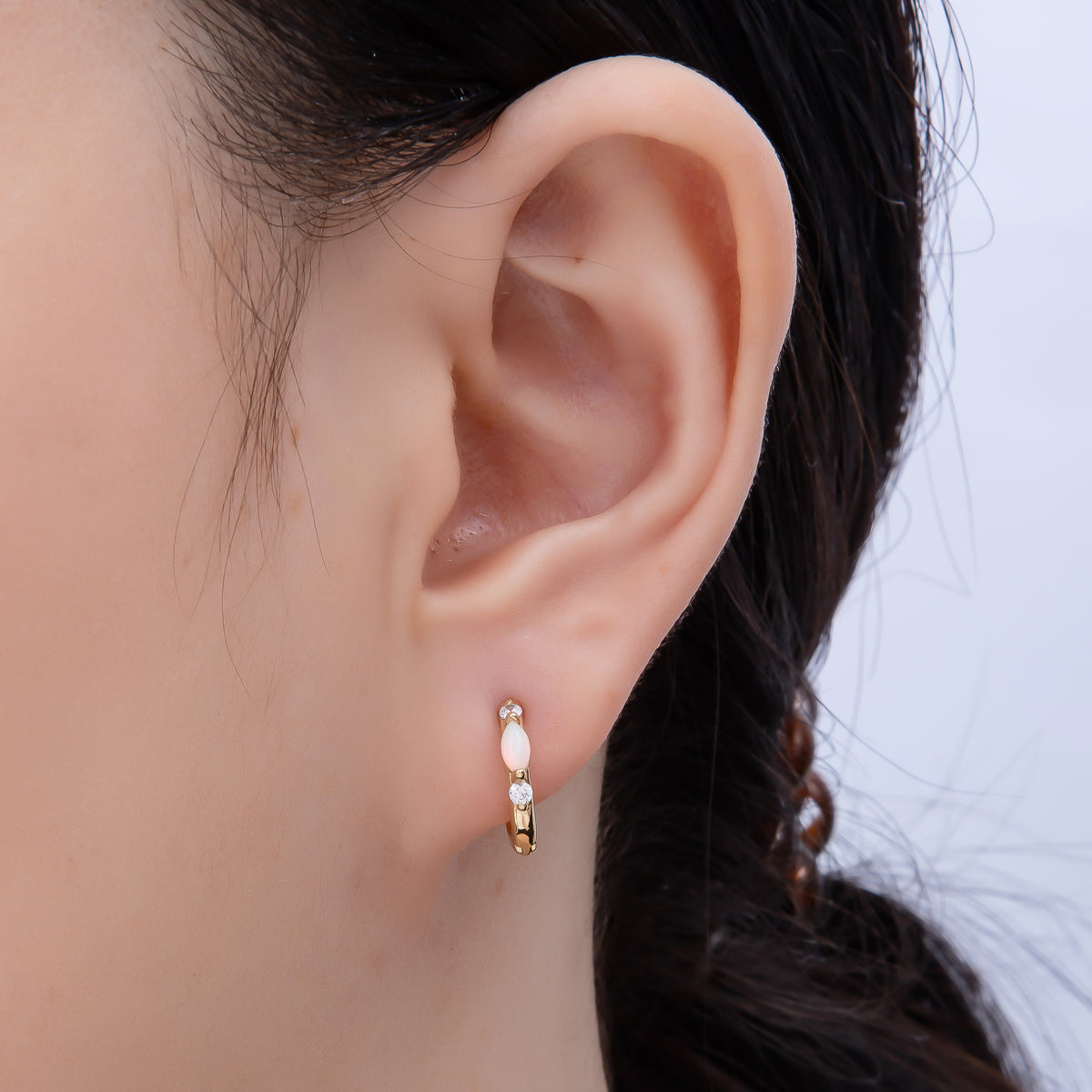 14K Gold Filled 13mm Clear CZ White Opal Cartilage Huggie | Earrings-00457