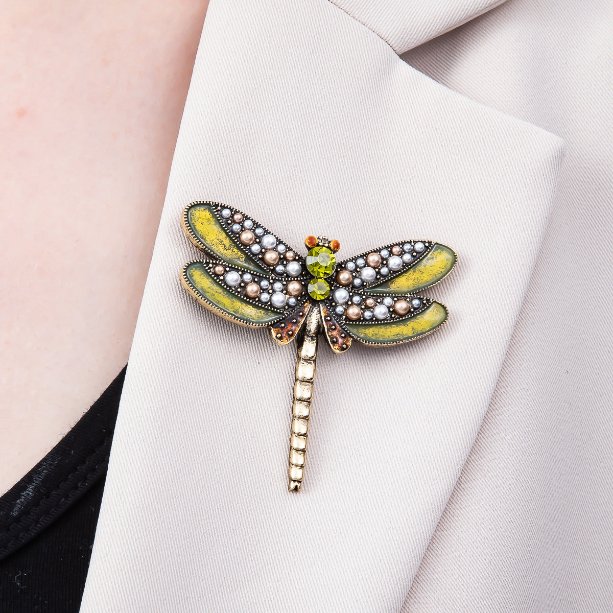 Vintage Gold 55mm Multicolor Rhinestone Shell Pearl Green Dragonfly Pin Brooch | BH-00154