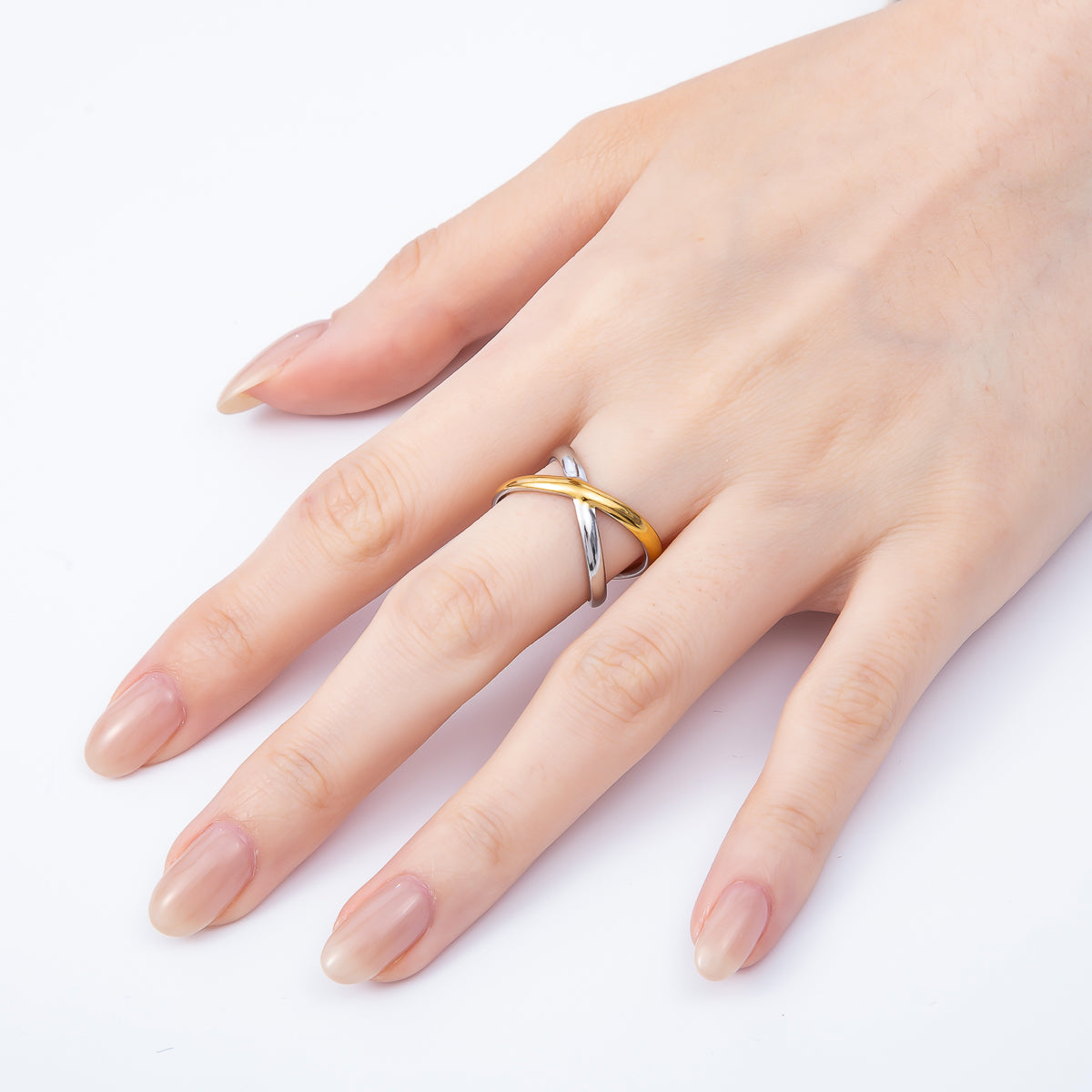 Stainless Steel Minimalist Mixed Metal X Crossed Double Band Ring | Rings-00176