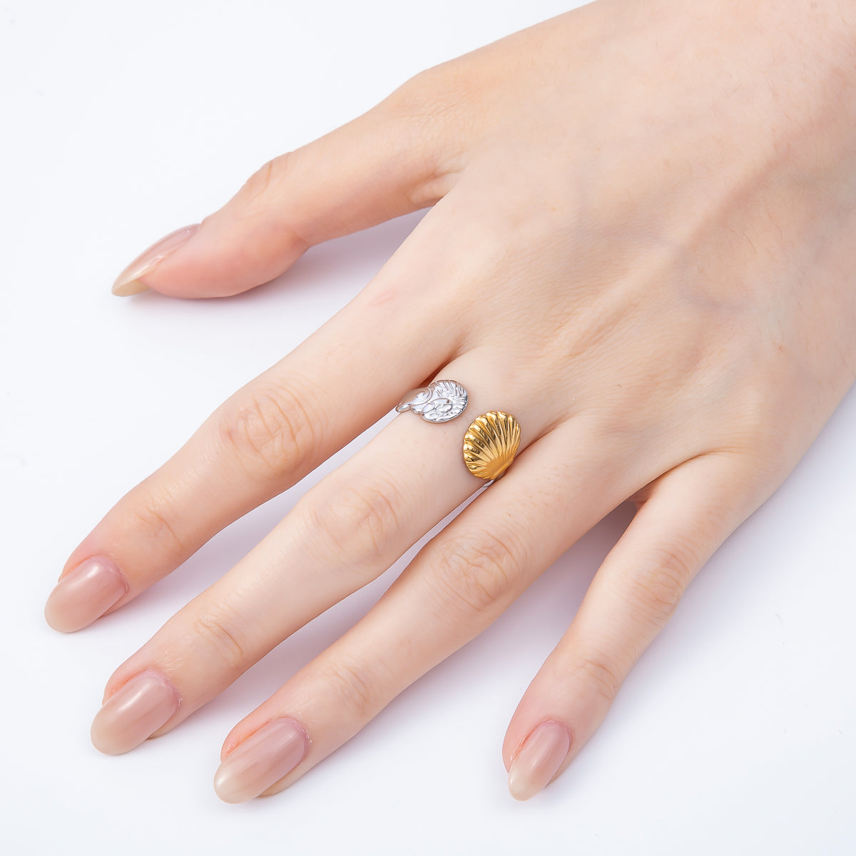 Stainless Steel Mixed Metal Scallop Sea Shell Wrap Ring | Rings-00177