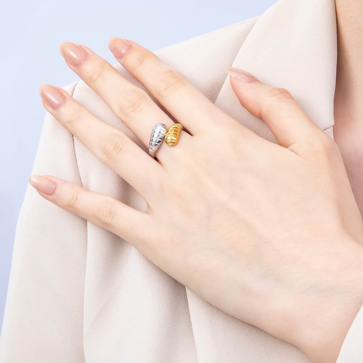Stainless Steel Mixed Metal Lined Ribbed Molten Wrap Band Ring | Rings-00186