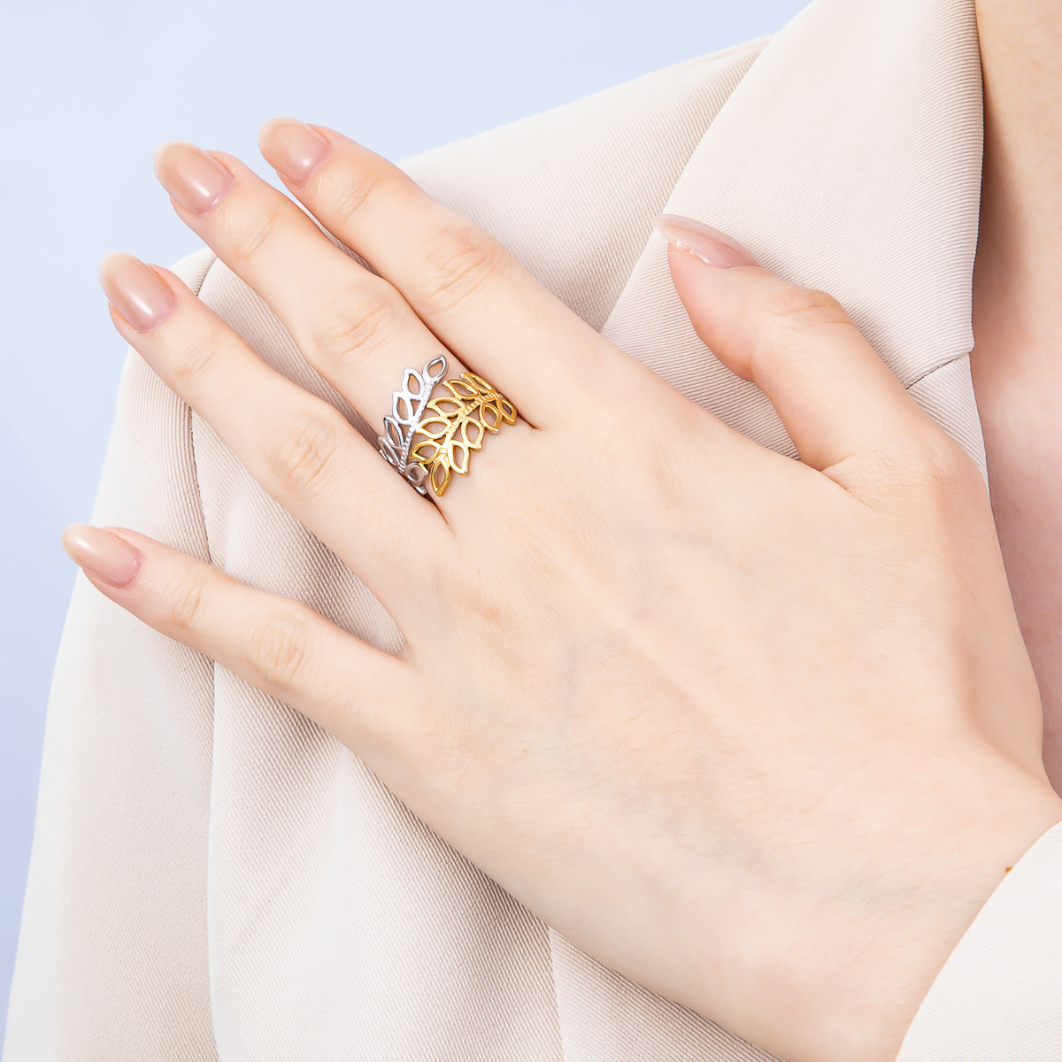 Stainless Steel Mixed Metal Natural Olive Leaf Open Wide Ring | Rings-00178