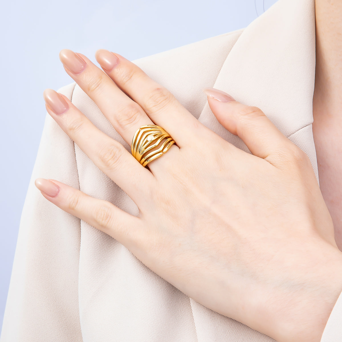 16K Gold Filled Minimalist Curved Wide Multi Band Ring | Rings-00173