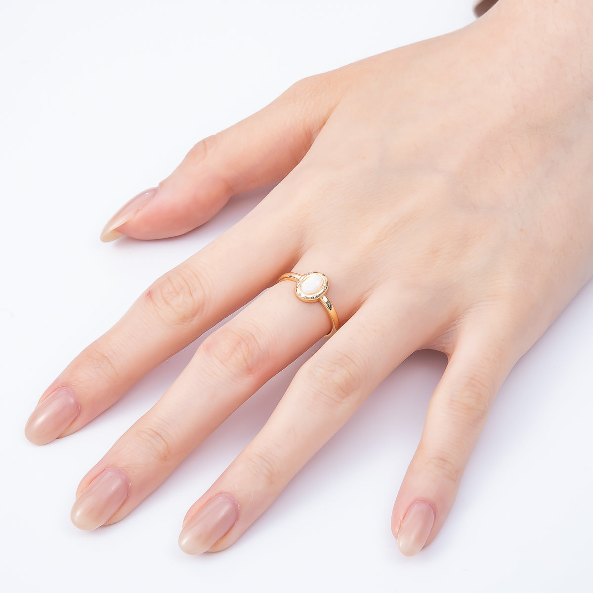 16K Gold Filled White Opal CZ Dotted Oval Bezel Solitaire Ring | Rings-00142