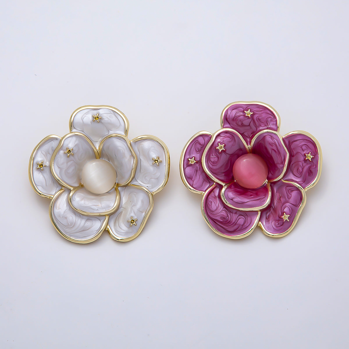 Gold 40mm Purple, White Glitter Enamel Star Flower Pin Brooch | BH-150 BH-151