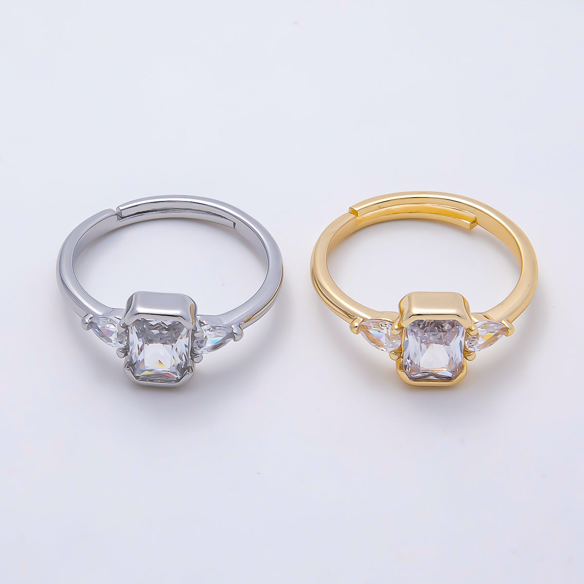 16K Gold Filled Clear Baguette Teardrop CZ Solitaire Adjustable Ring in Gold & Silver | Rings-00155 Rings-00156