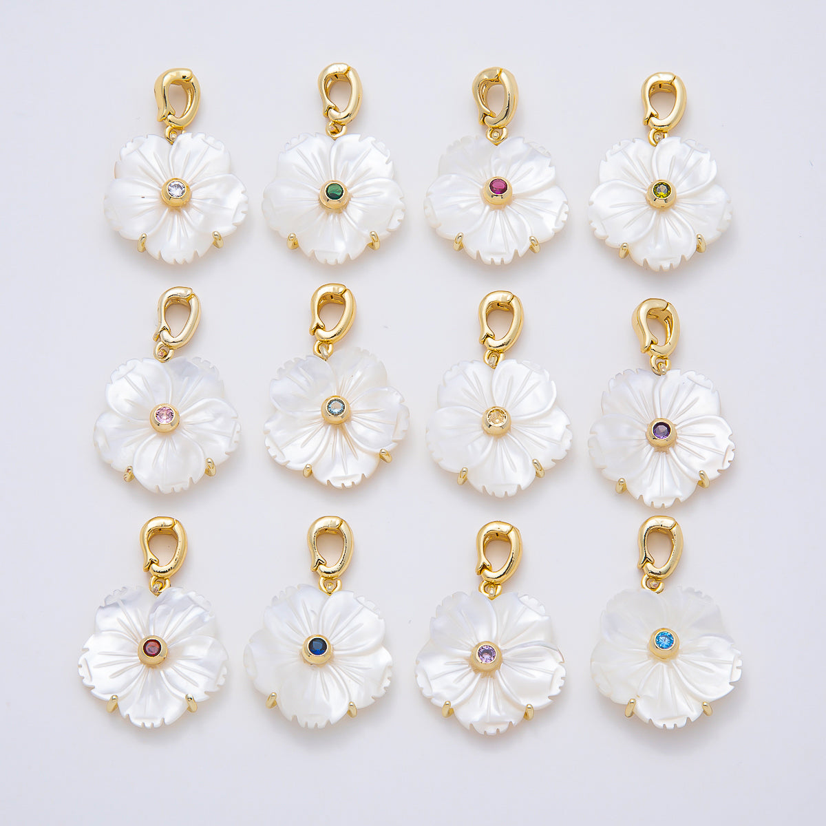 16K Gold Filled 20mm Birthstone CZ Mother of Pearl Flower Snap Drop Pendant | Charms-00965 ~ Charms-00976