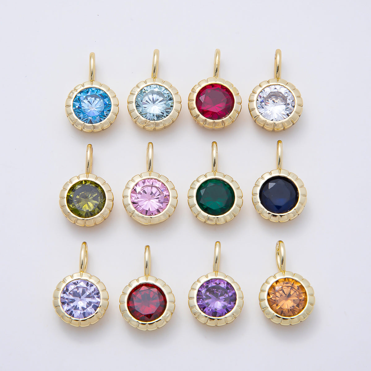 16K Gold Filled 17mm Birthstone Round CZ Ribbed Bezel Mini Pendant | Charms-01113 ~ Charms-01124
